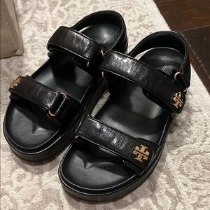 Tory Burch Black Sandals with Gold Logo
